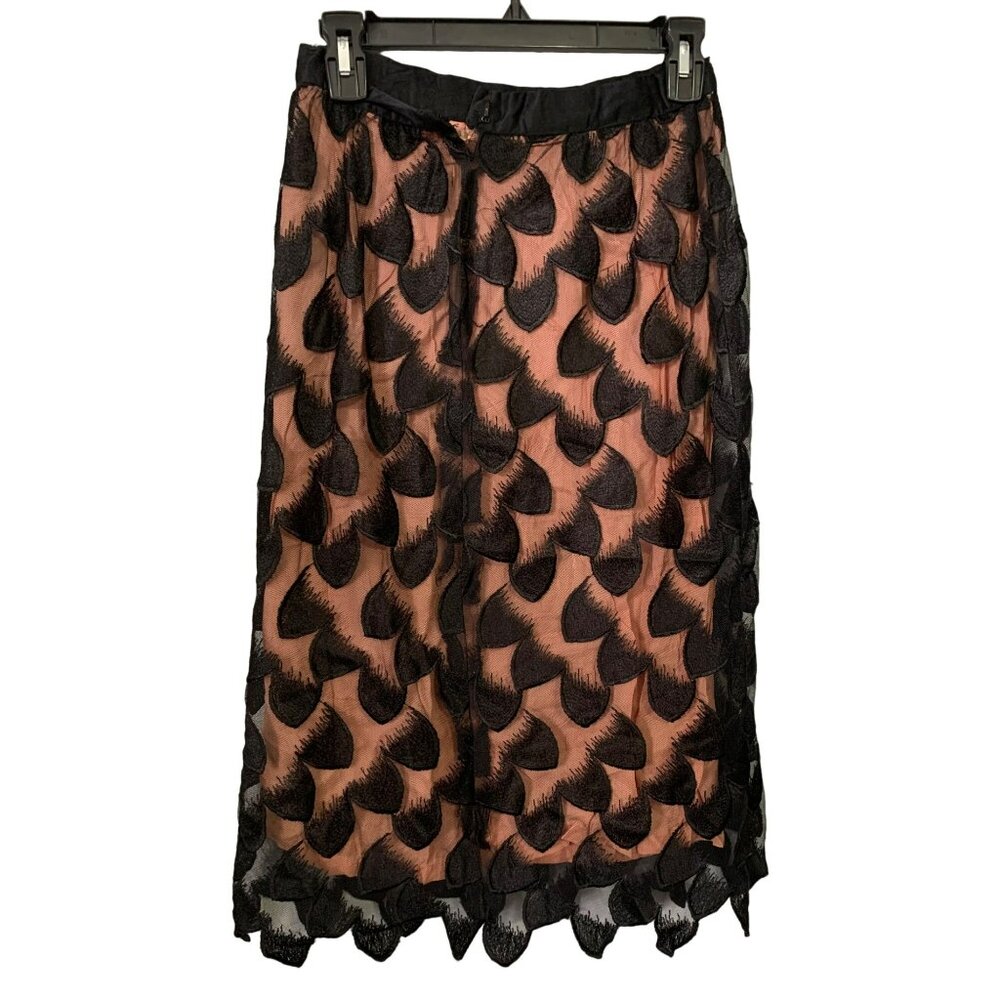 Vintage Mermaid Sheer Lace Midi Skirt Leaf Embroidered Overlay & Lining